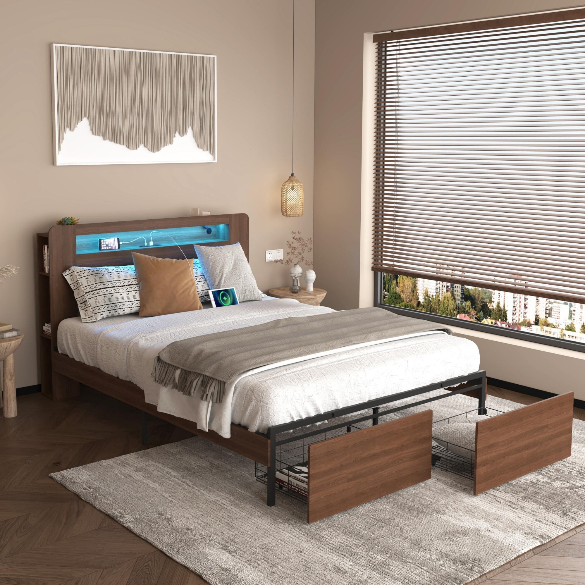 AENKYO Queen Size Bed Frame with Bookshelf Headboard, Charging Station, 2 Drawers & Smart LED Lights, Walnut Color