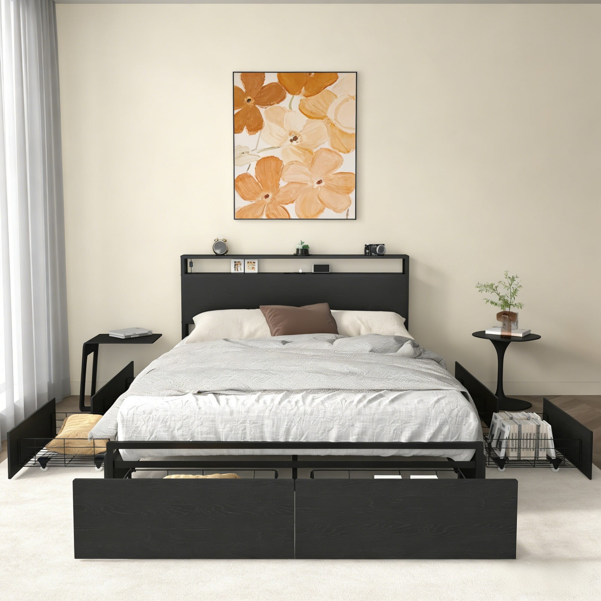 AENKYO Queen Size Bed Frame with LED Lights & 6 Drawers, Storage Headboard with Charging Station, Noise Free, Black