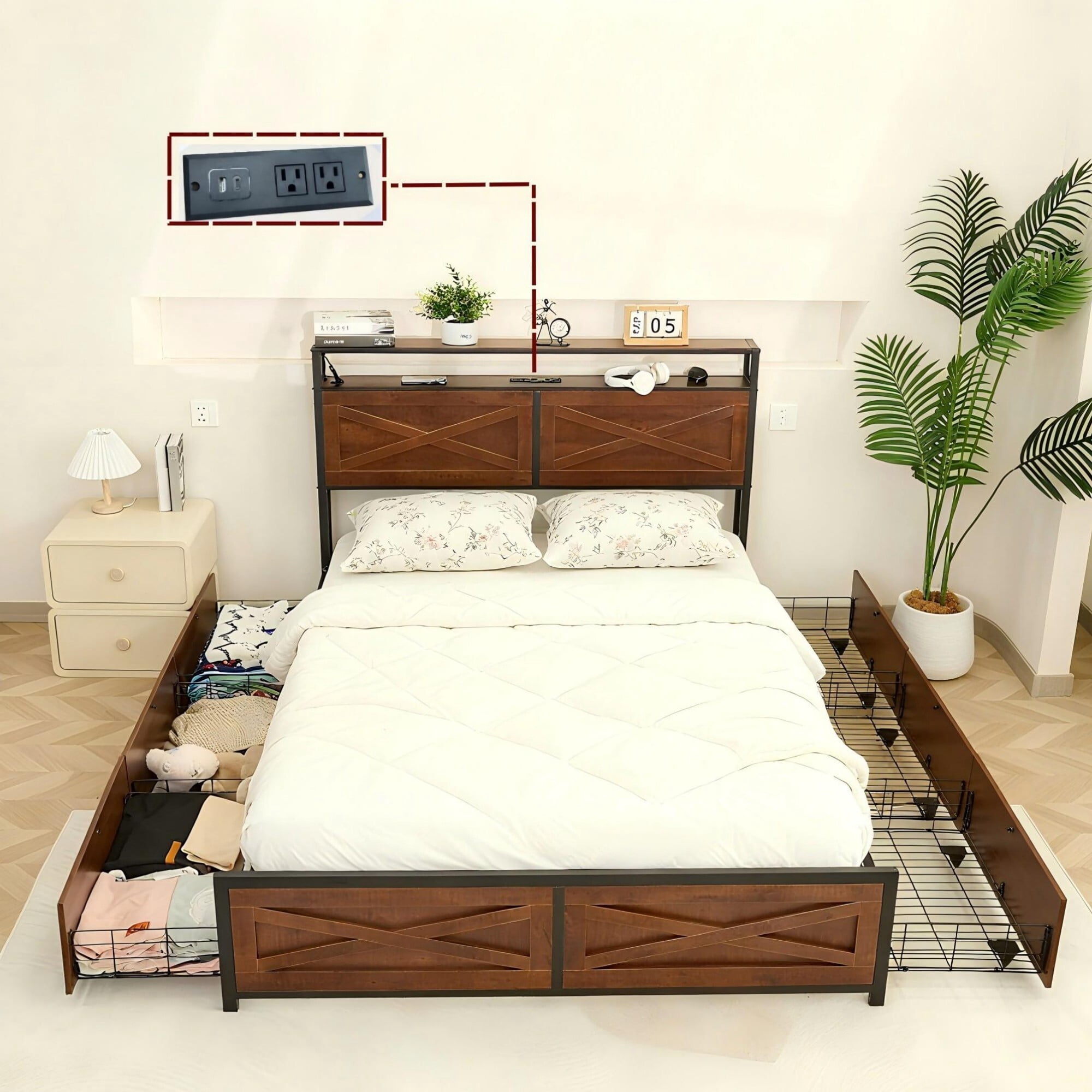 AENKYO Queen Size Bed Frame with LED Lights, Storage Headboard & 6 Drawers, Built-in Charging Station, Red