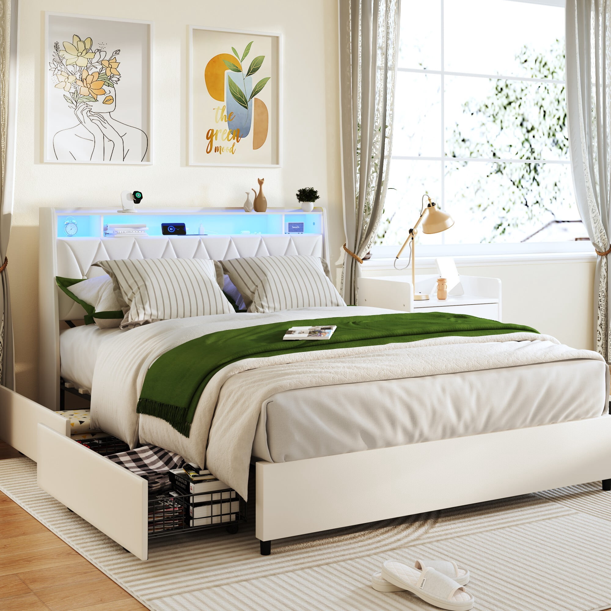 AENKYO Queen Size Bed Frame with LED Lights, Upholstered Storage Headboard & 4 Drawers, and Built-in Charging Station, Beige