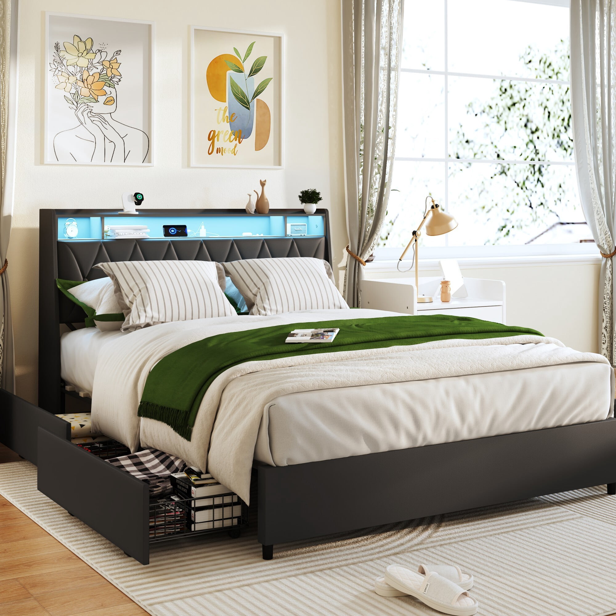 AENKYO Queen Size Bed Frame with LED Lights, Upholstered Storage Headboard & 4 Drawers, and Built-in Charging Station, Black