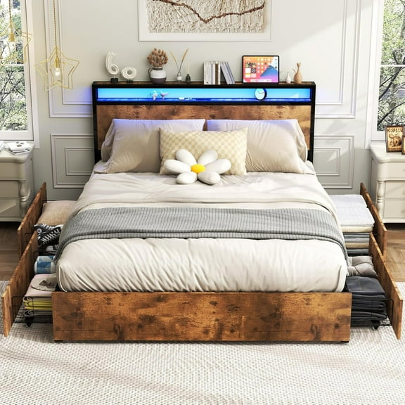 AENKYO Queen Size Bed Frame with LED Lights and Charging Station, Bed with 4 Drawers, Rustic Brown