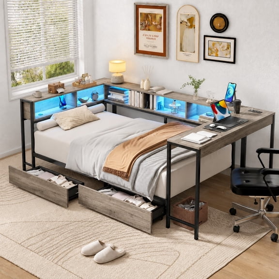 AENKYO Queen Size Corner Daybed with Desk & Storage Headboard, LED Lights, Power Outlets & Drawers, Gray