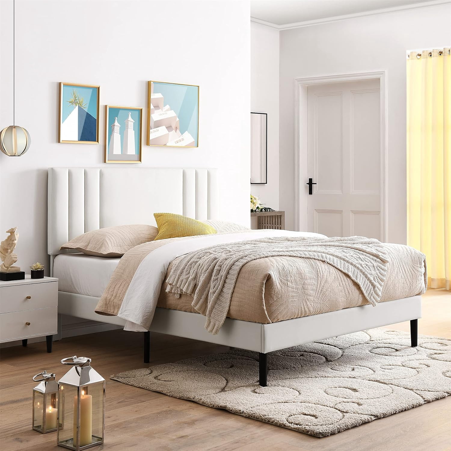 AENKYO Queen Size Platform Bed Frame with Leather Upholstered Headboard, White