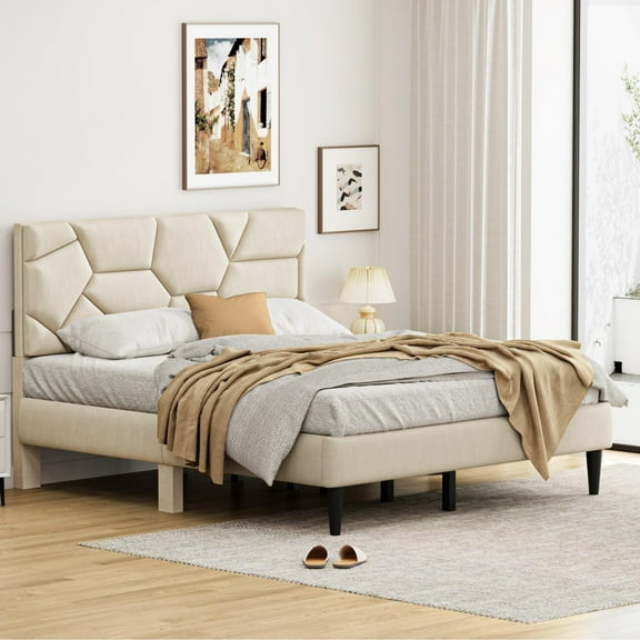 AENKYO Queen Size Upholstered Platform Bed Frame with Linen Headboard, Sturdy Support, No Box Spring Needed, Beige