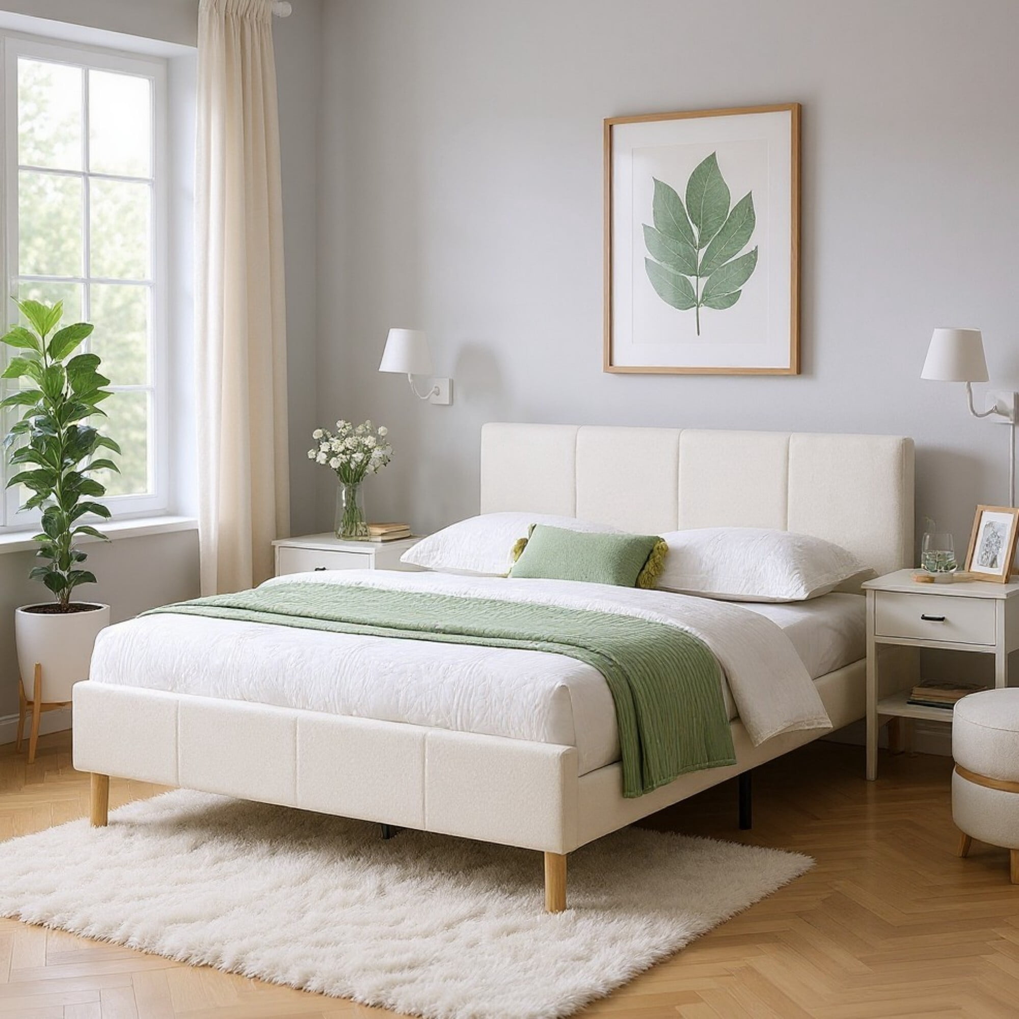 AENKYO Queen Size Upholstered Platform Bed Frame with Soft Teddy Velvet Headboard, No Box Spring Needed, Beige