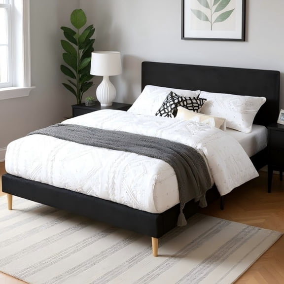 AENKYO Queen Size Upholstered Platform Bed Frame with Soft Teddy Velvet Headboard, No Box Spring Needed, Black