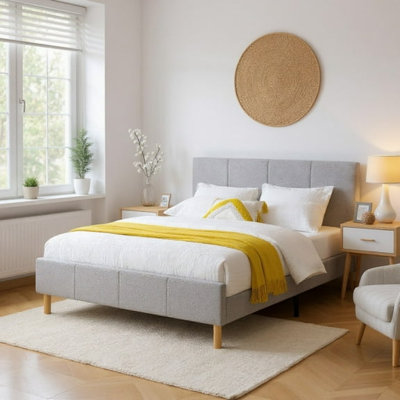 AENKYO Queen Size Upholstered Platform Bed Frame with Soft Teddy Velvet Headboard, No Box Spring Needed, Gray