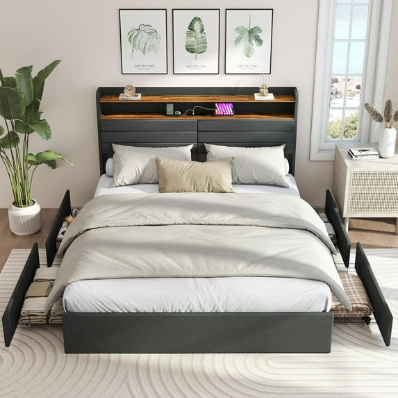 AENKYO Queen Upholstered Platform Bed Frame with Charging Station, Storage Headboard, 4 Drawers, LED Light, Dark Gray