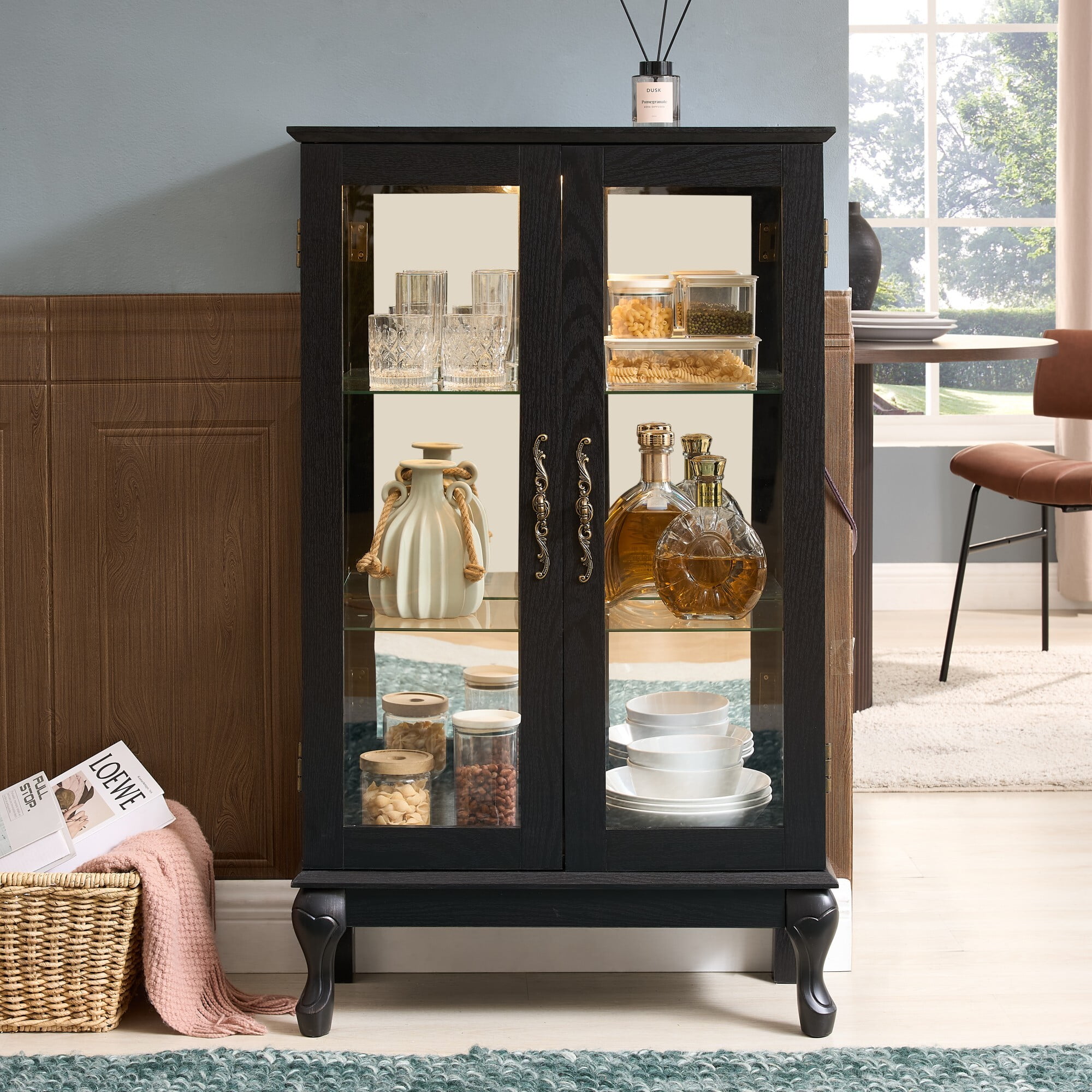 AENKYO Retro Glass Curio Cabinet with Light Bulb & Adjustable Shelves, Small Vintage Home Decor Display Case, Black