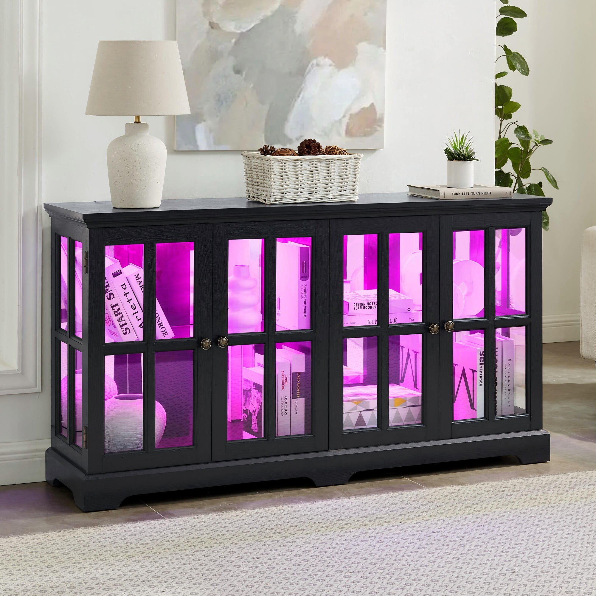 AENKYO Retro LED Glass Display Cabinet with Adjustable Shelves, Vintage Style Curio Showcase for Home, Antique Black