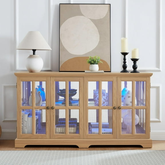 AENKYO Retro LED Glass Display Cabinet with Adjustable Shelves, Vintage Style Curio Showcase for Home, Light Oak