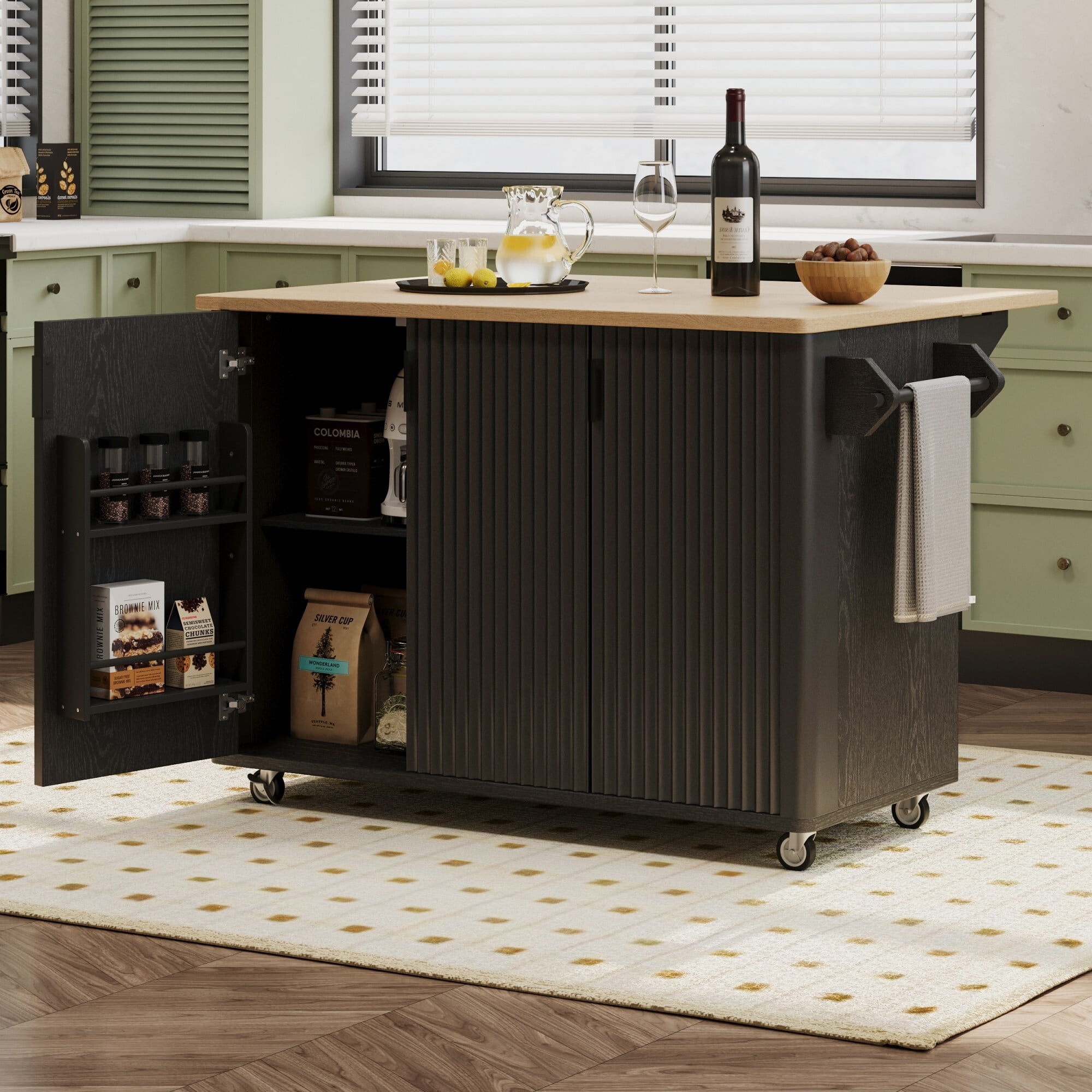 AENKYO Rolling Kitchen Island Cart with Drop Leaf, Mobile Storage Cabinet with Adjustable Shelves, Black with Natural