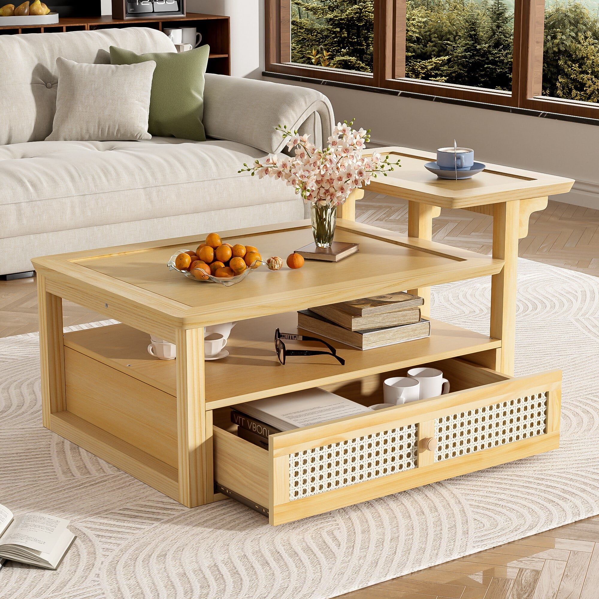 AENKYO Rustic Coffee Table with Rattan Drawer & Shelf - Modern Living Room End Table, Easy Assembly, Natural Color