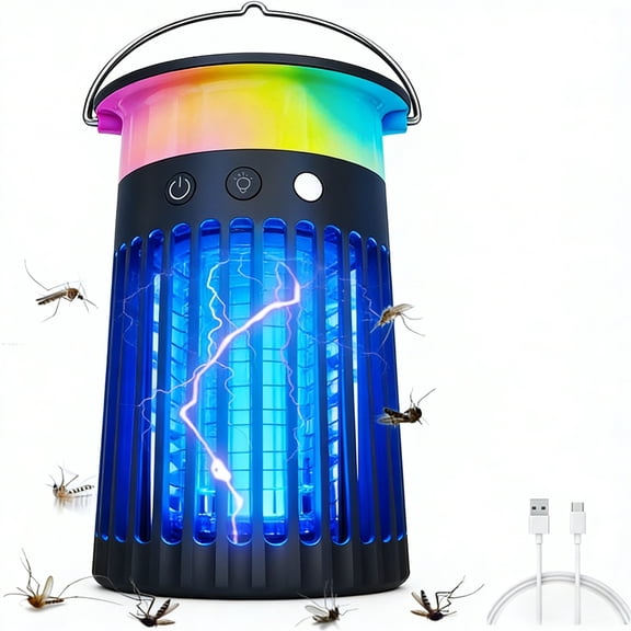 AENKYO Solar Bug Zapper for Outdoor & Indoor, 2400V Electric Mosquito Killer with LED Camping Lantern, USB-C Rechargeable Fly Trap for Patio, Backyard, Camping - 2100 Sq. Ft. Coverage