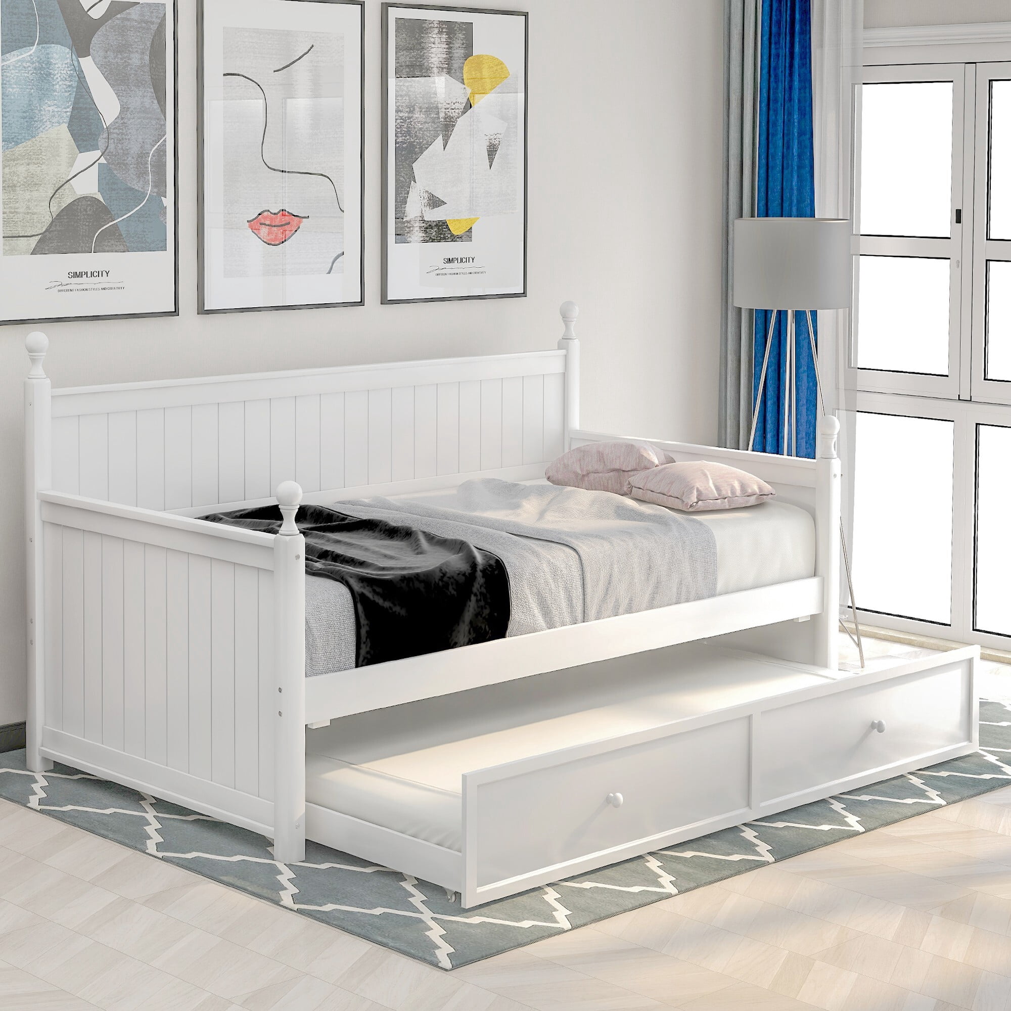 AENKYO Solid Pine Wood Twin Daybed with Trundle, 2-in-1 Convertible Sofa Bed for Guest Room/Kids Room, White