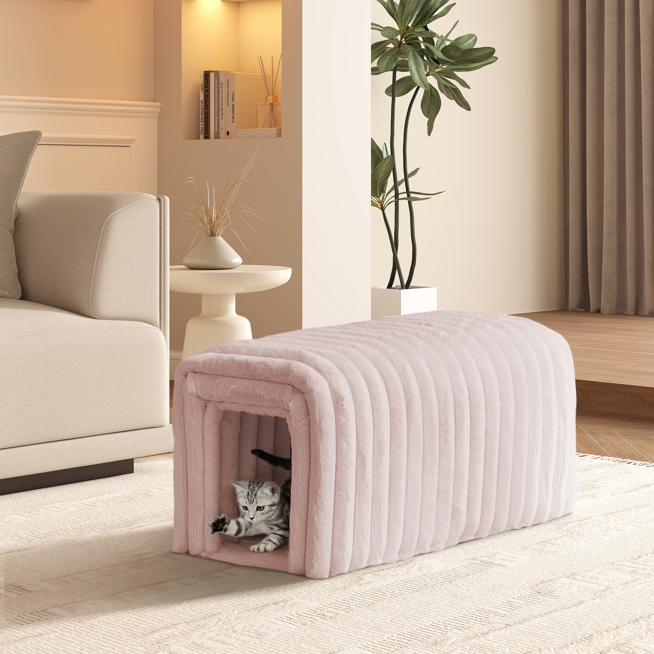 AENKYO Storage Ottoman Bench with Cat Hideaway, Plush Upholstered Footrest Seat with Hidden Compartment, Pink