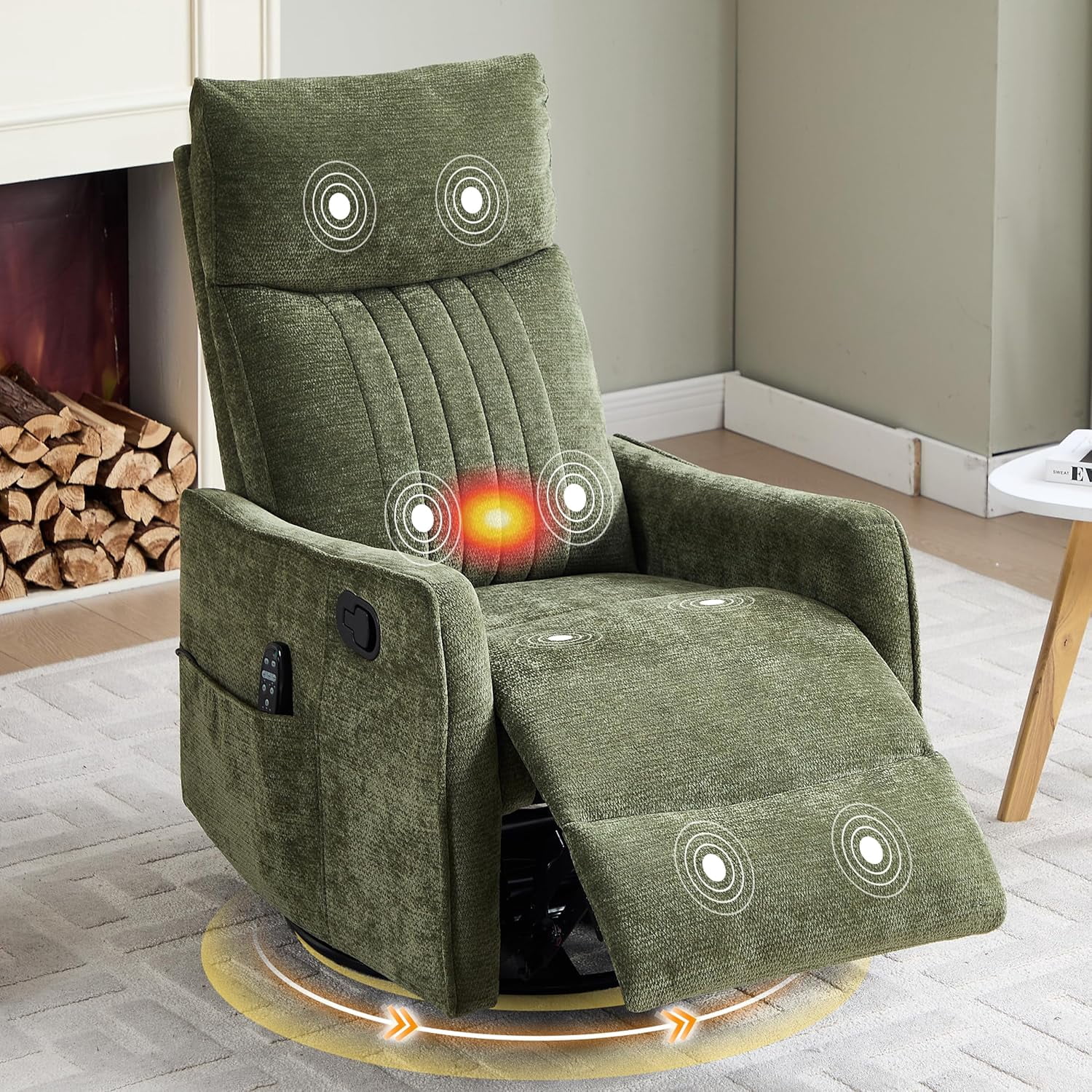 AENKYO Swivel Recliner Chair, Manual Rocking Massage Chair, Heated for Adults, for Living Room,Green Chenille