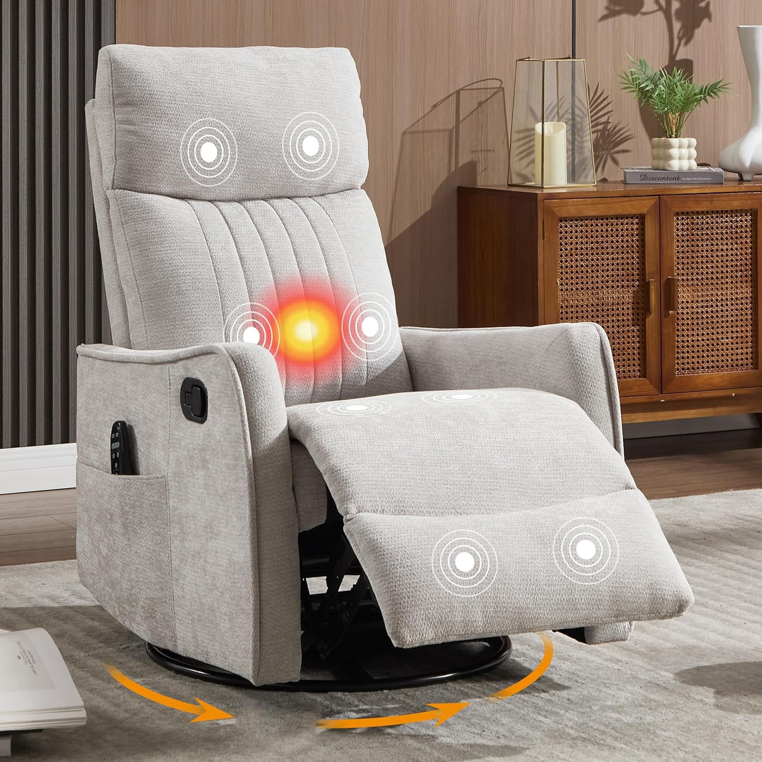 AENKYO Swivel Recliner Chair, Manual Rocking Massage Chair, Heated for Adults, for Living Room,Light Gray Chenille