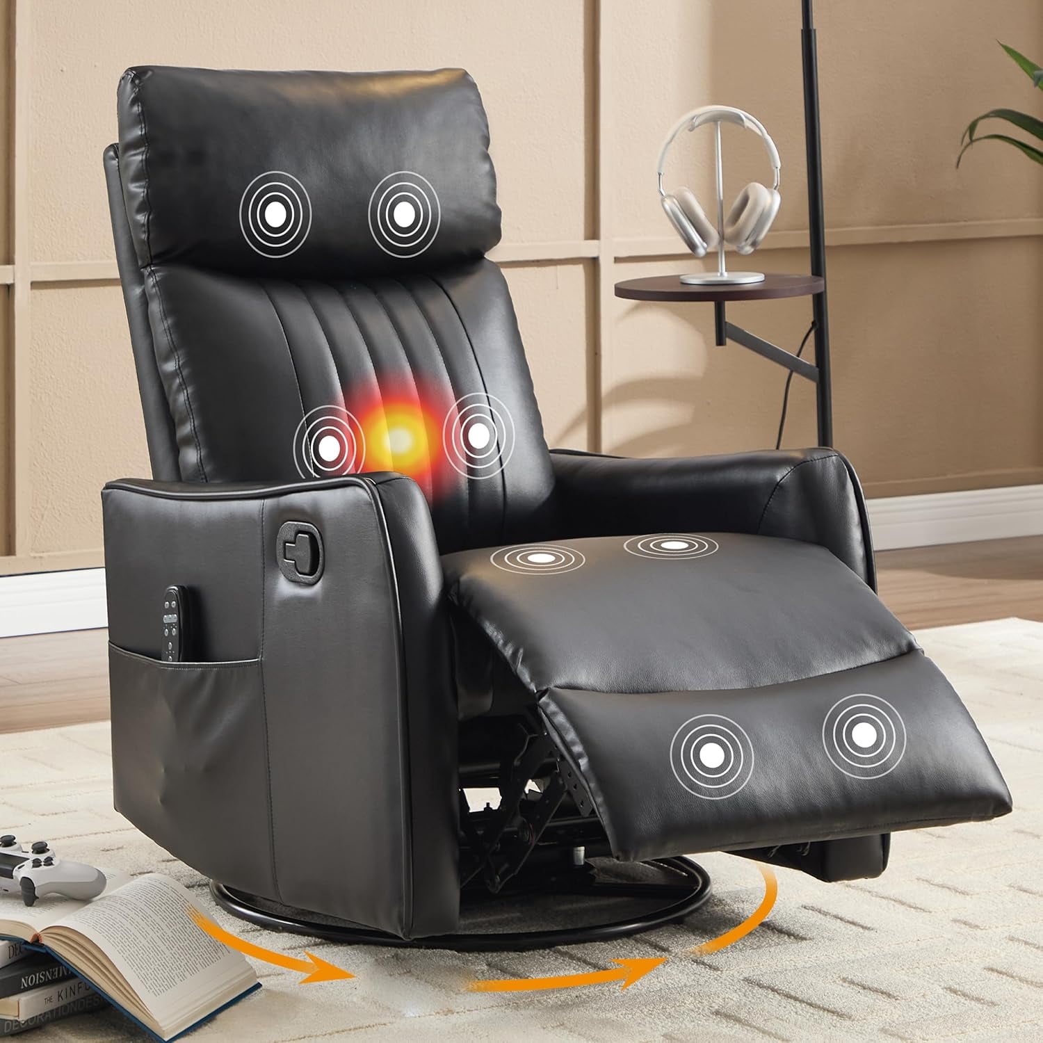 AENKYO Swivel Recliner Chair, Manual Rocking Massage Chair with Heat for Adults, for Living Room,Black Faux Leather
