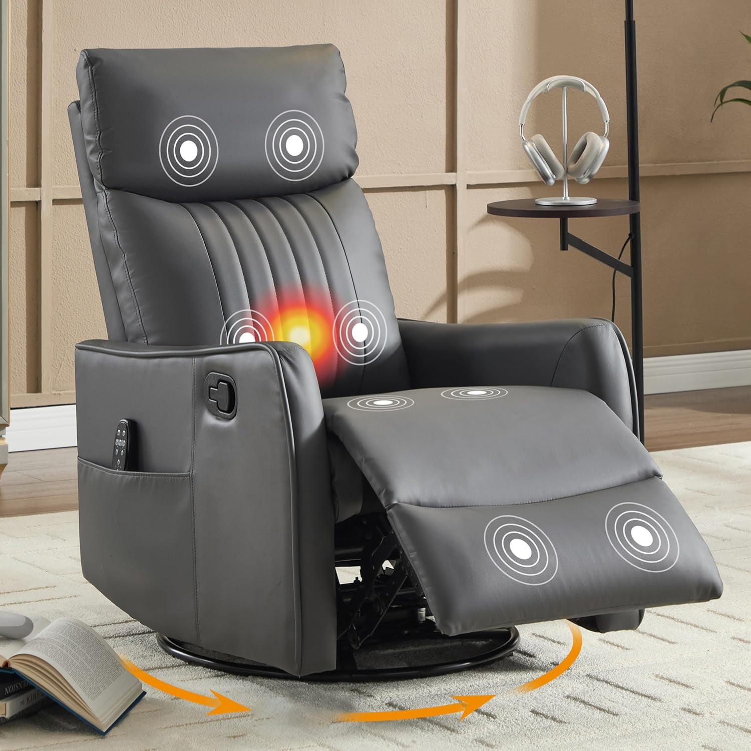 AENKYO Swivel Recliner Chair, Manual Rocking Massage Chair with Heat for Adults, for Living Room,Gray Faux Leather