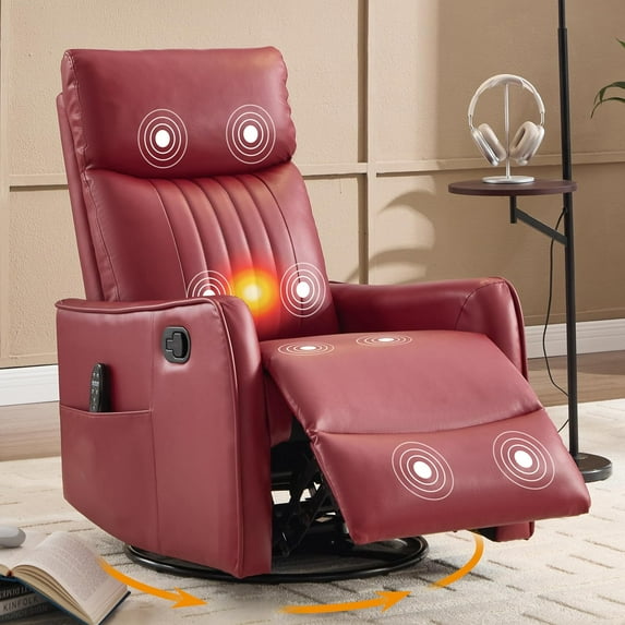 AENKYO Swivel Recliner Chair, Manual Rocking Massage Chair with Heat for Adults, for Living Room,Red Faux Leather