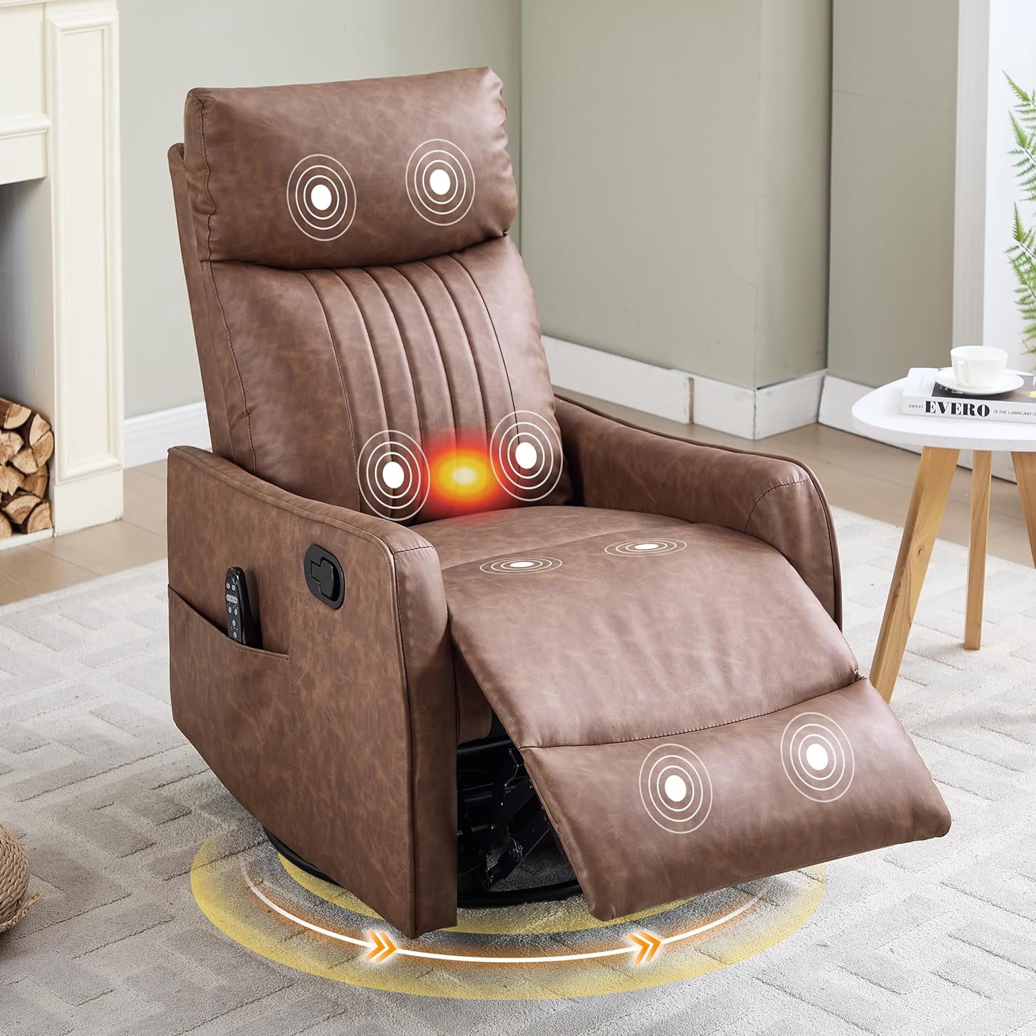 AENKYO Swivel Recliner Chair, Manual Rocking Massage Chair with Heat for Adults, for Living Room,Tan Faux Leather