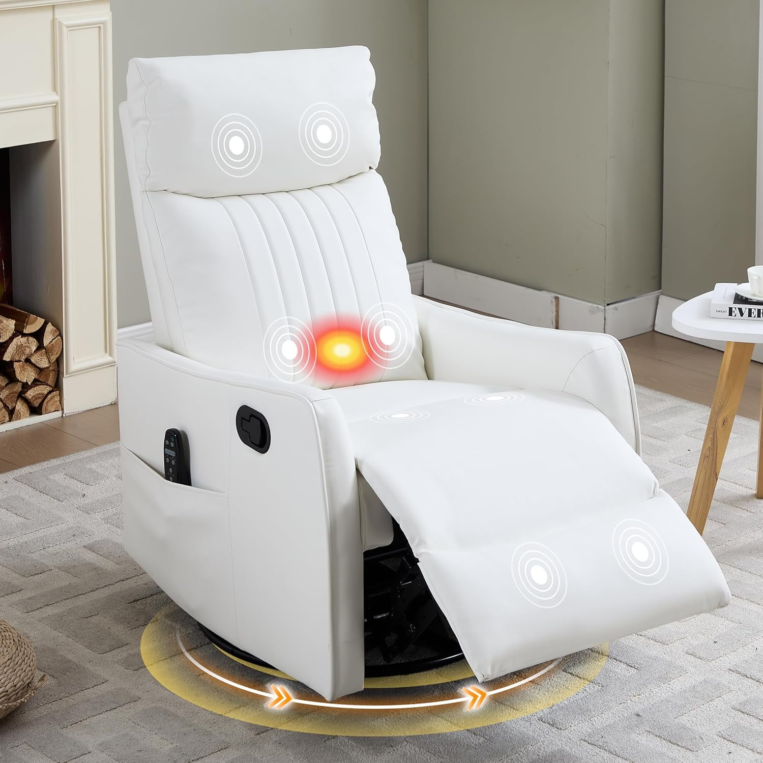 AENKYO Swivel Recliner Chair, Manual Rocking Massage Chair with Heat for Adults, for Living Room,White Faux Leather