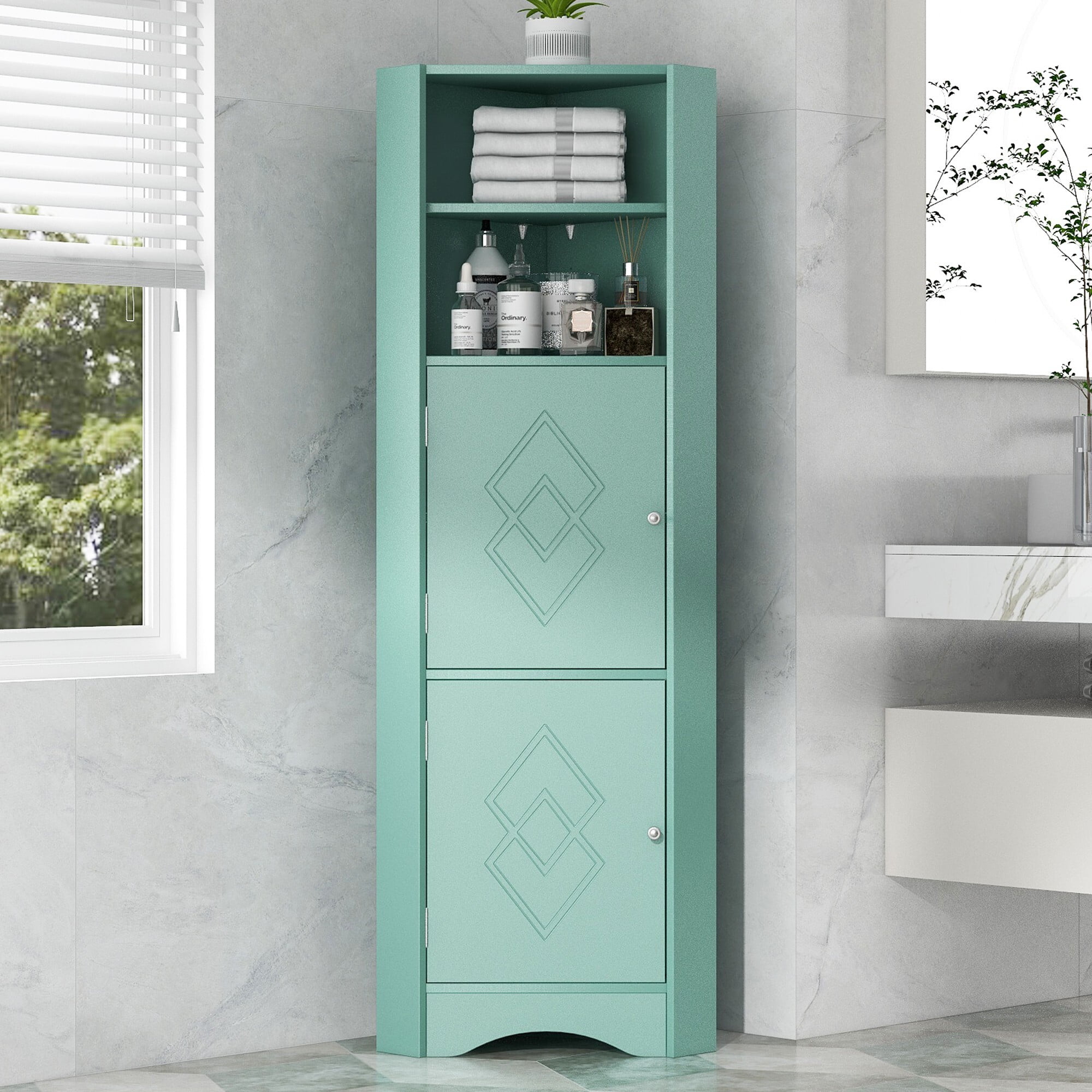 AENKYO Tall Corner Cabinet with Doors & Adjustable Shelves, Elegant Bathroom Storage Cabinet, Green