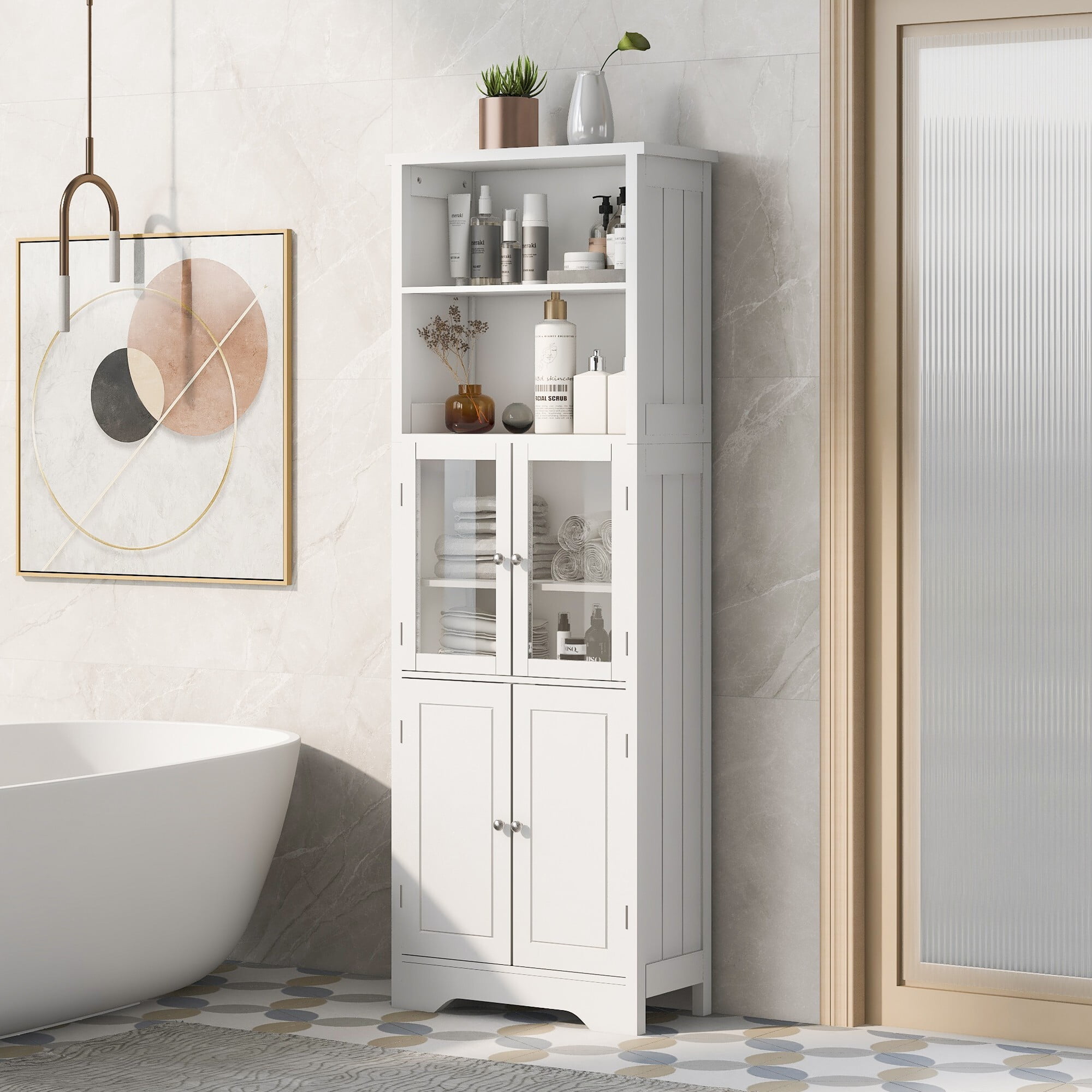 AENKYO Tall Storage Cabinet with Adjustable Shelves, Glass Doors, and Open Shelves, Bathroom or Kitchen, White