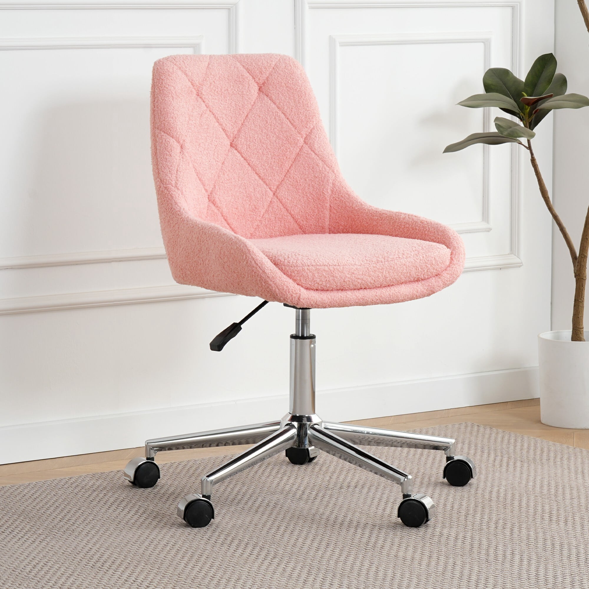 AENKYO Teddy Fabric Desk Chair, Ergonomic Swivel Computer Chair with Adjustable Height, Comfy Task Chair for Home Office, Pink