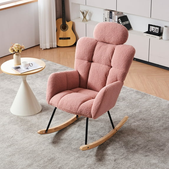 AENKYO Teddy Upholstered Rocking Chair with High Backrest, Accent Lounge Chair for Living Room & Nursery, Pink