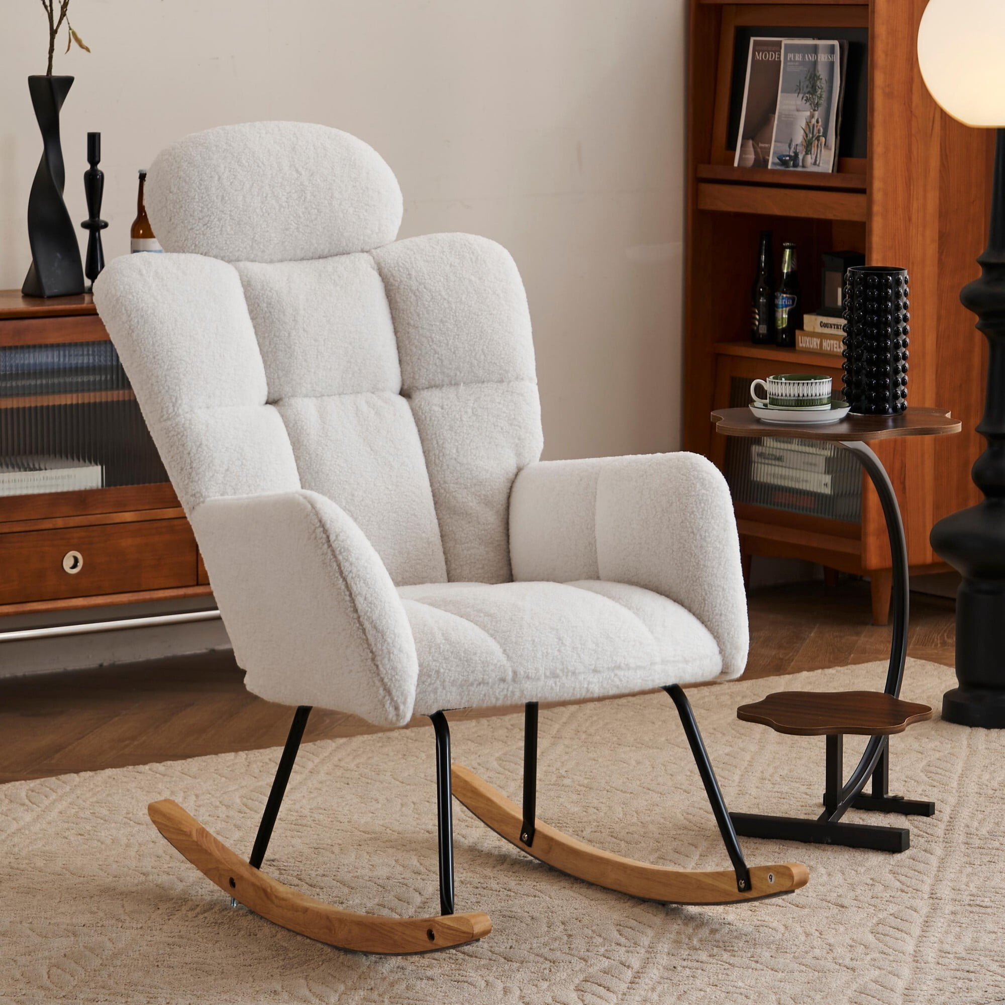 AENKYO Teddy Upholstered Rocking Chair with High Backrest, Accent Lounge Chair for Living Room & Nursery, White