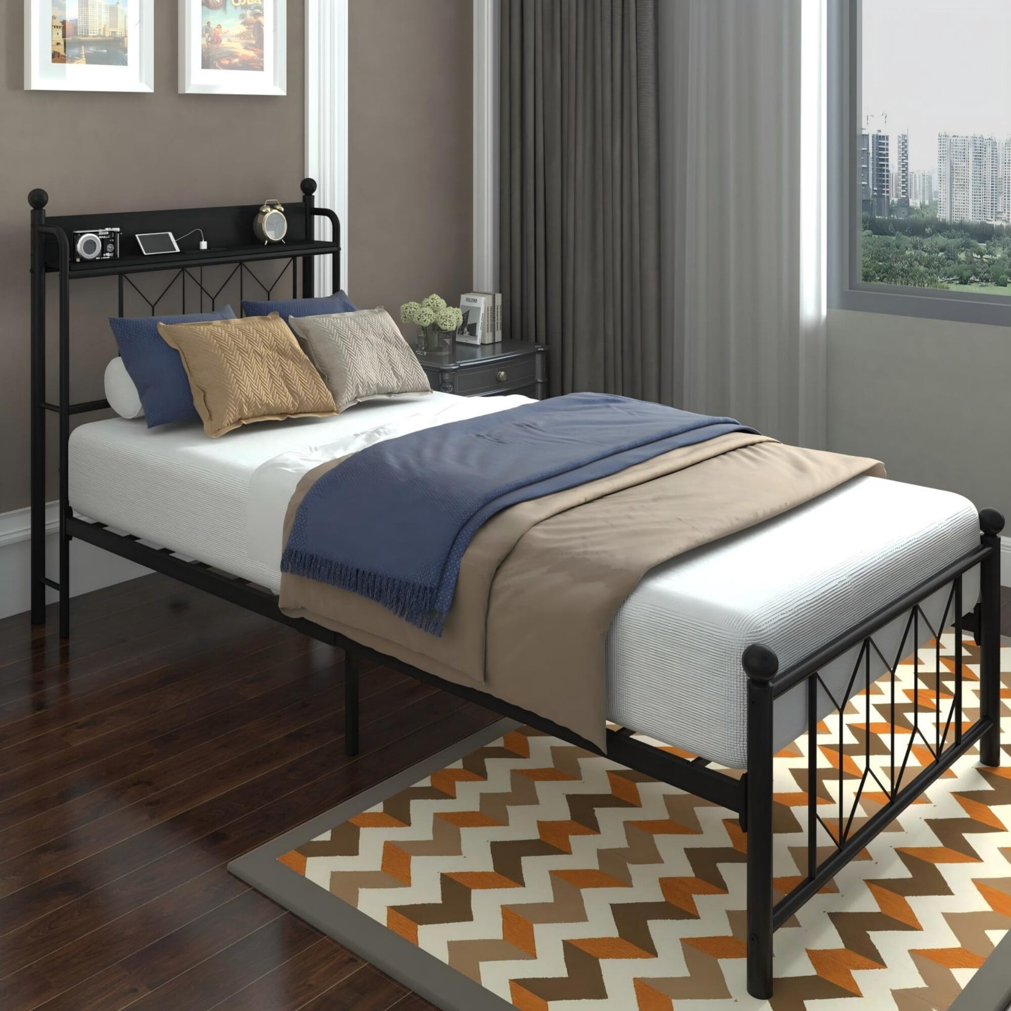 AENKYO Twin Bed Frame with LED Lights Headboard, Charging Station, Sturdy Metal Platform Bed with Shelf, Black