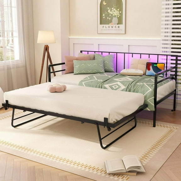AENKYO Twin Daybed with Pop-Up Trundle, Charging Station, RGB LED Lights, Heavy-Duty Metal Frame, Black