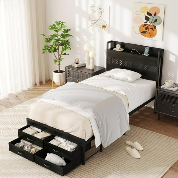 AENKYO Twin Size Bed Frame with 4 Storage Drawers, LED Lights, Charging Station Headboard, Black