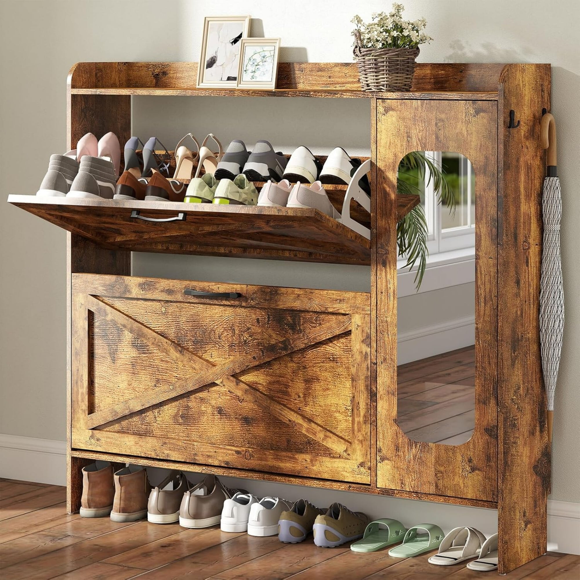 AENKYO Twin Size Bed Frame with 4 Storage Drawers, LED Lights, Charging Station Headboard, Rustic Brown