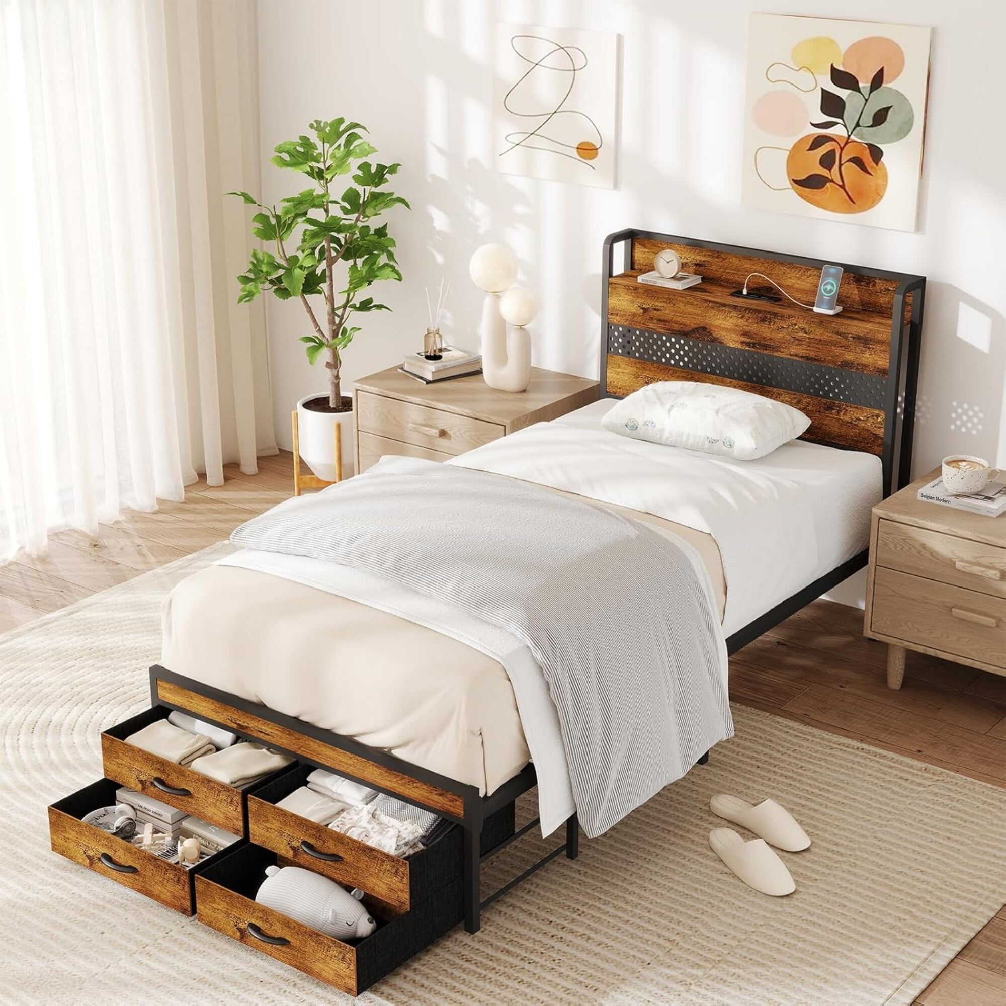 AENKYO Twin Size Bed Frame with 4 Storage Drawers, LED Lights, Charging ...