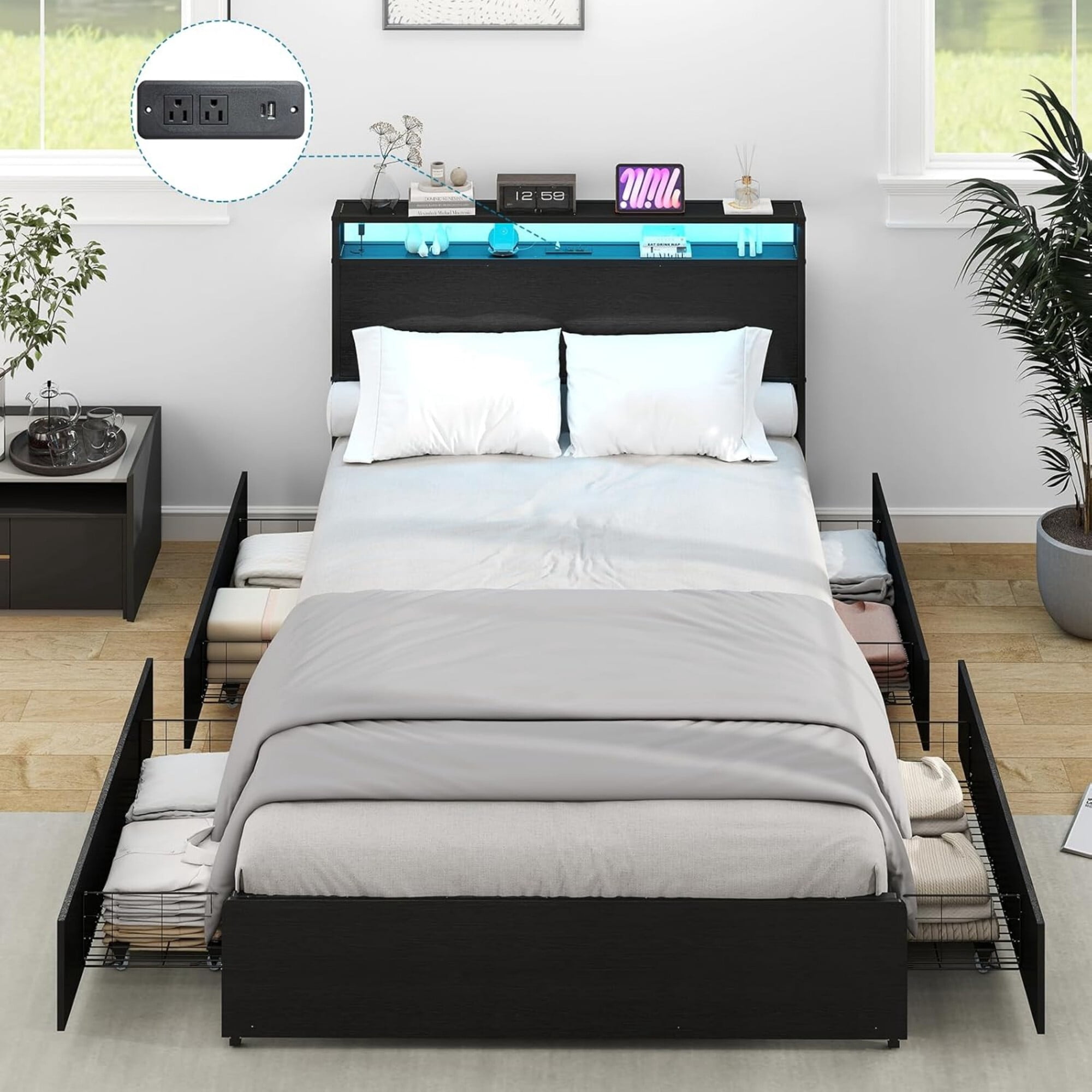 AENKYO Twin Size Bed Frame with LED Lights, Storage Headboard & 4 ...