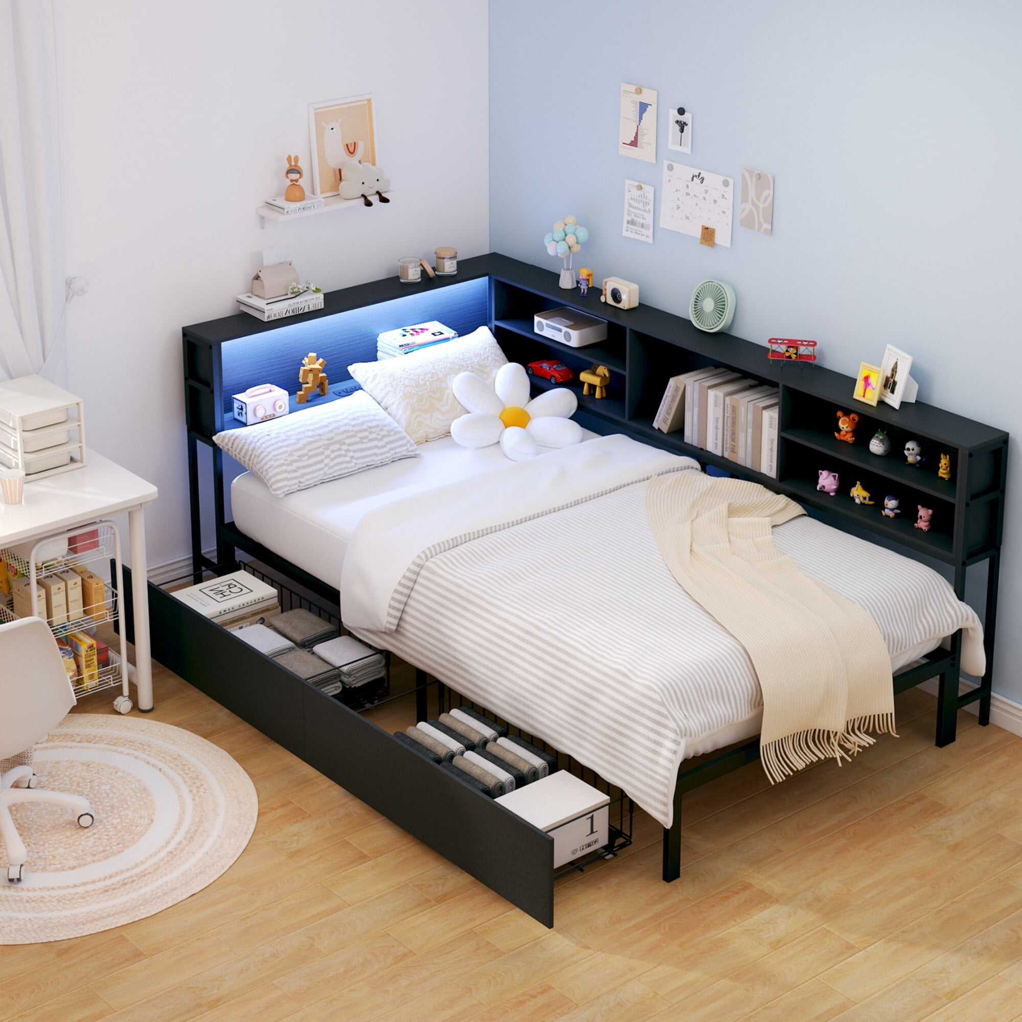 AENKYO Twin Size Corner Bed Frame with Charging Station, Smart LED Lights, Bookshelf Headboard & 2 Drawers, Black