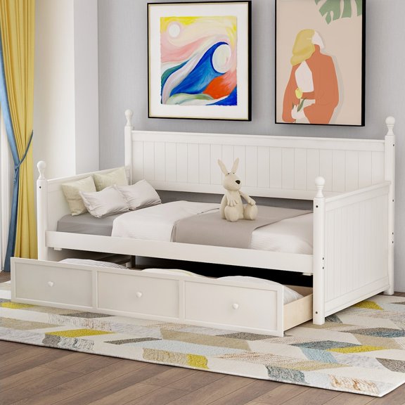 AENKYO Twin Size Daybed with 3 Storage Drawers, Classic Wood Day Bed for Bedroom, Guest Room, Kids Room, White