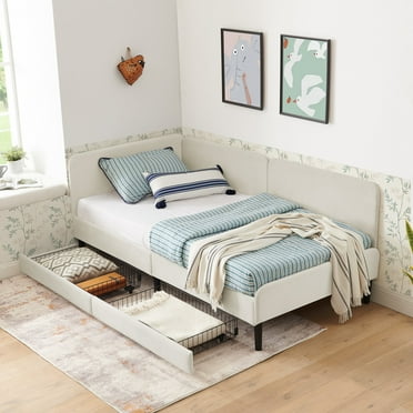 AENKYO Twin Size Upholstered Daybed with Adjustable Backrest, Velvet Sofa Bed Frame with 2 Storage Drawers, Beige