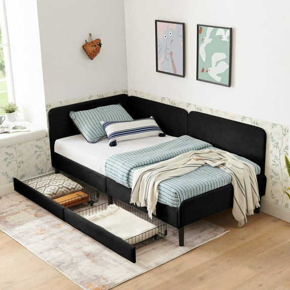 AENKYO Twin Size Upholstered Daybed with Adjustable Backrest, Velvet Sofa Bed Frame with 2 Storage Drawers, Black