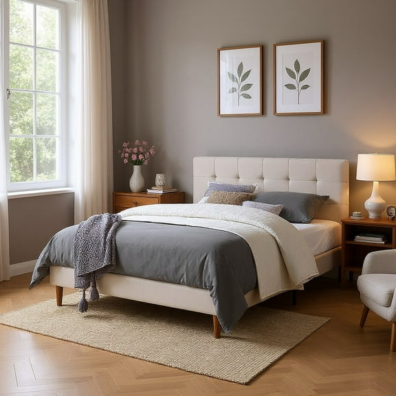 AENKYO Twin Size Upholstered Platform Bed Frame, Tufted Low Profile Design with Adjustable Headboard, Beige