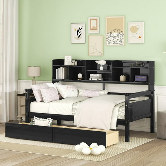 AENKYO Twin Size Wooden Daybed Bed Frame with 2 Storage Drawers and Headboard Shelf, Solid Wood Sofa Bed, Black