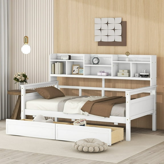 AENKYO Twin Size Wooden Daybed Bed Frame with 2 Storage Drawers and Headboard Shelf, Solid Wood Sofa Bed, White
