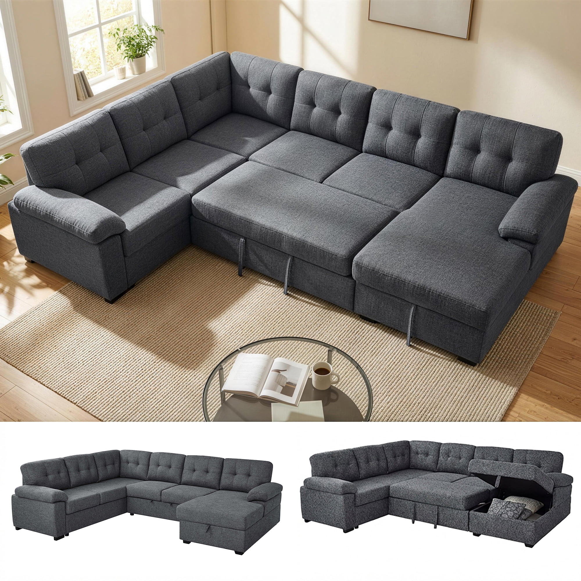 AENKYO U-Shaped Sectional Sleeper Sofa with Pull Out Bed, Linen Modular Couch with Storage for Living Room, Gray