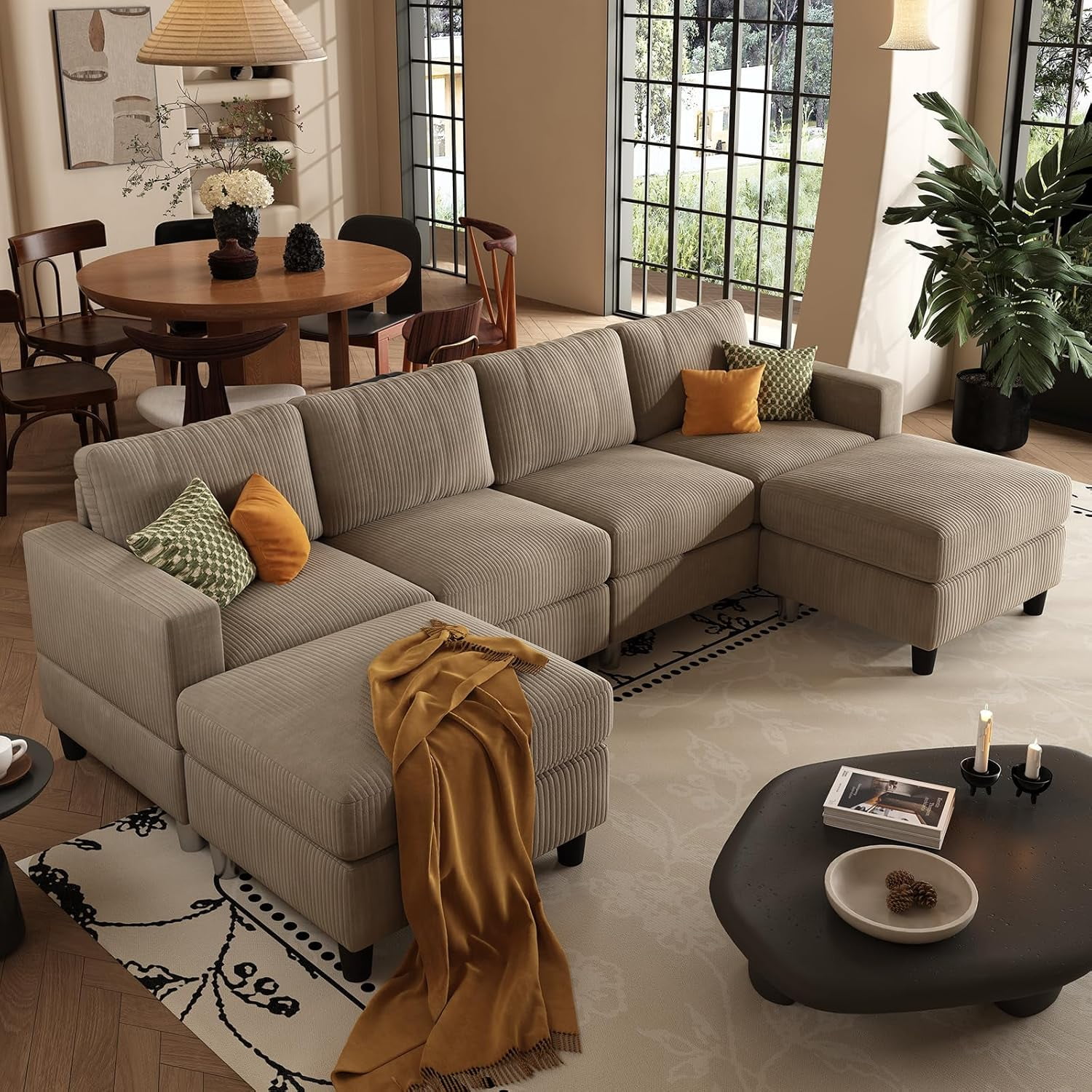 AENKYO U-Shaped Sectional Sofa Couch with 2 Ottomans, Convertible 4-Seat Living Room Furniture with Removable Cushions, Brown