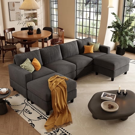 AENKYO U-Shaped Sectional Sofa Couch with 2 Ottomans, Convertible 4-Seat Living Room Furniture with Removable Cushions, Gray