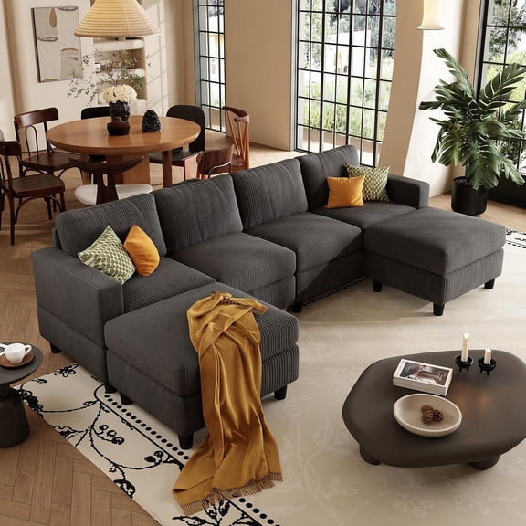 AENKYO U-Shaped Sectional Sofa Couch with 2 Ottomans, Convertible 4-Seat Living Room Furniture with Removable Cushions, Gray